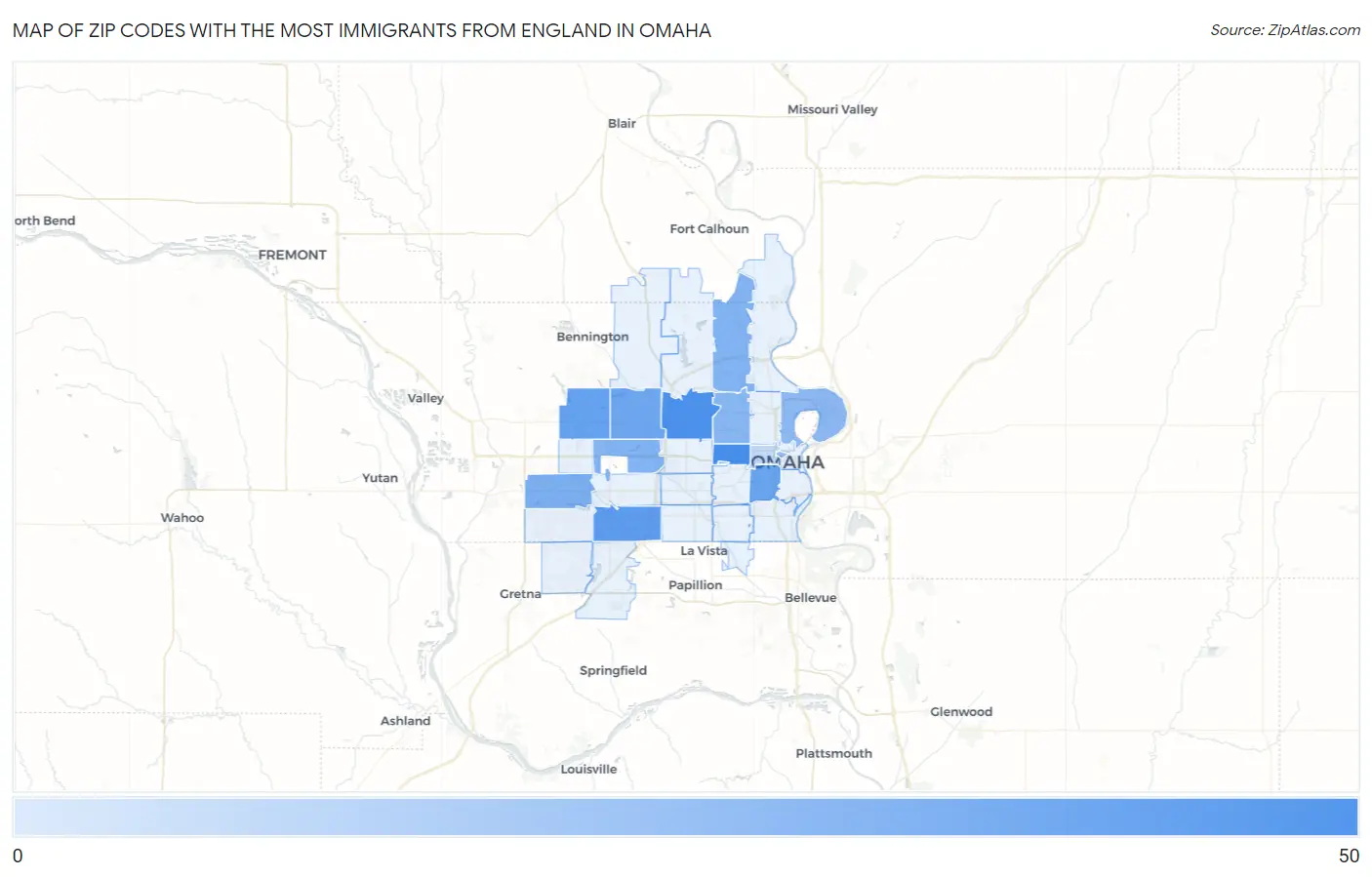 Zip Codes with the Most Immigrants from England in Omaha Map