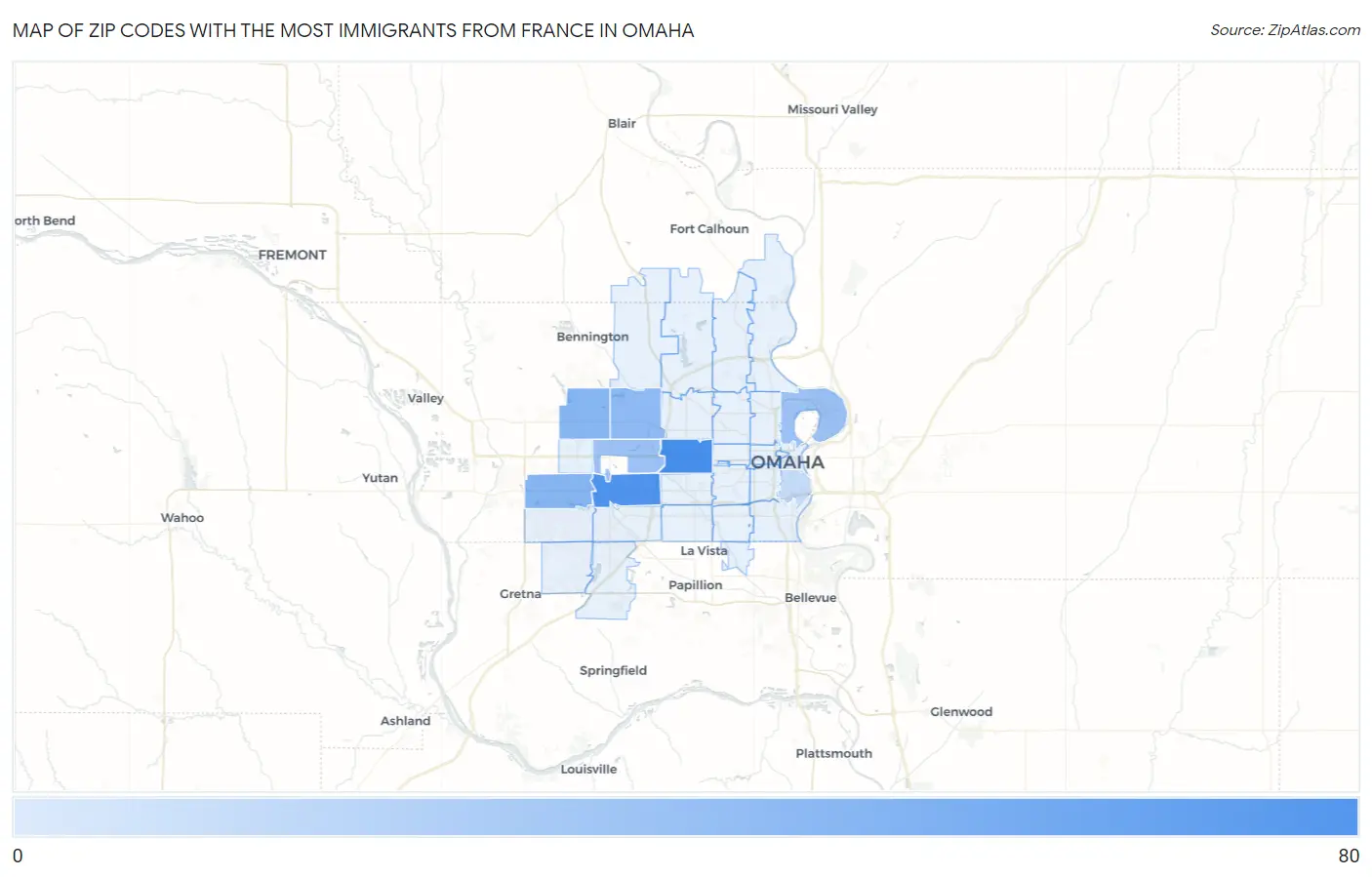 Zip Codes with the Most Immigrants from France in Omaha Map