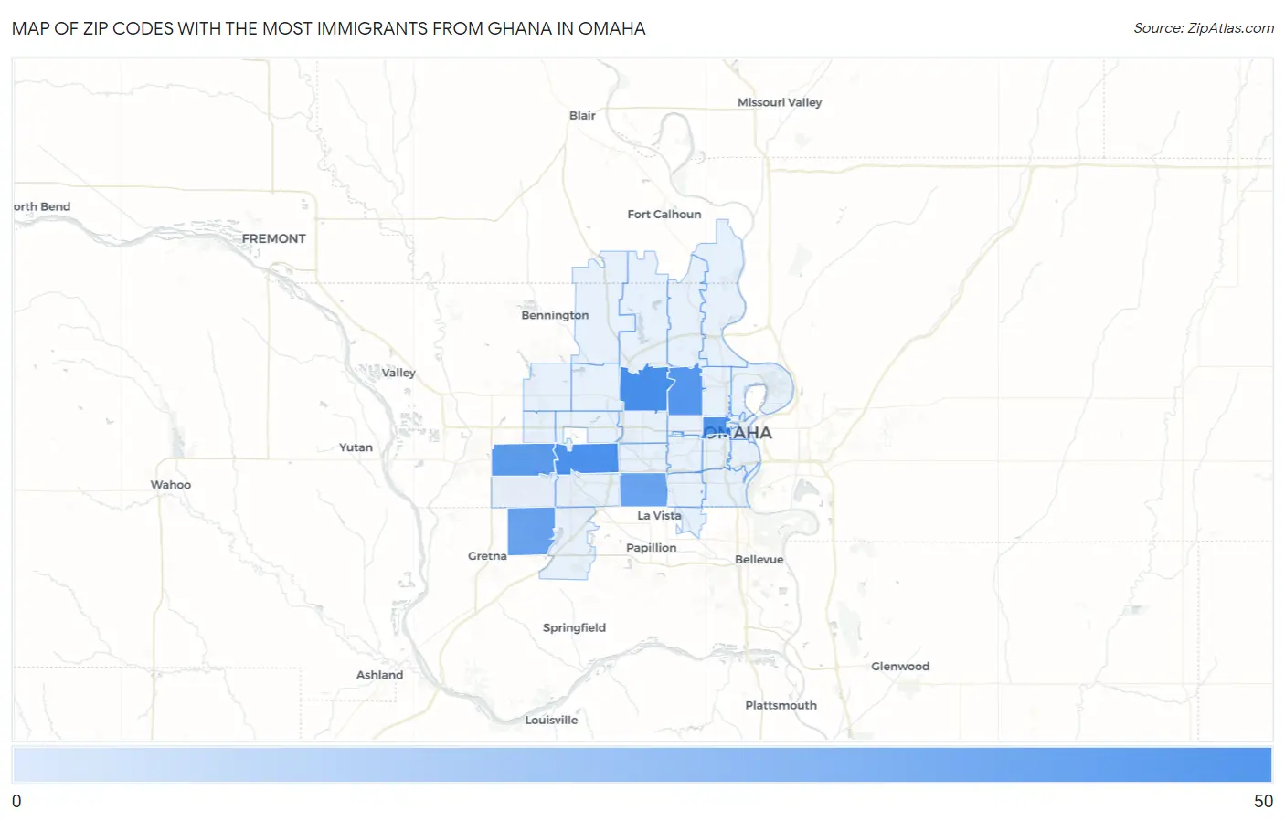 Zip Codes with the Most Immigrants from Ghana in Omaha Map