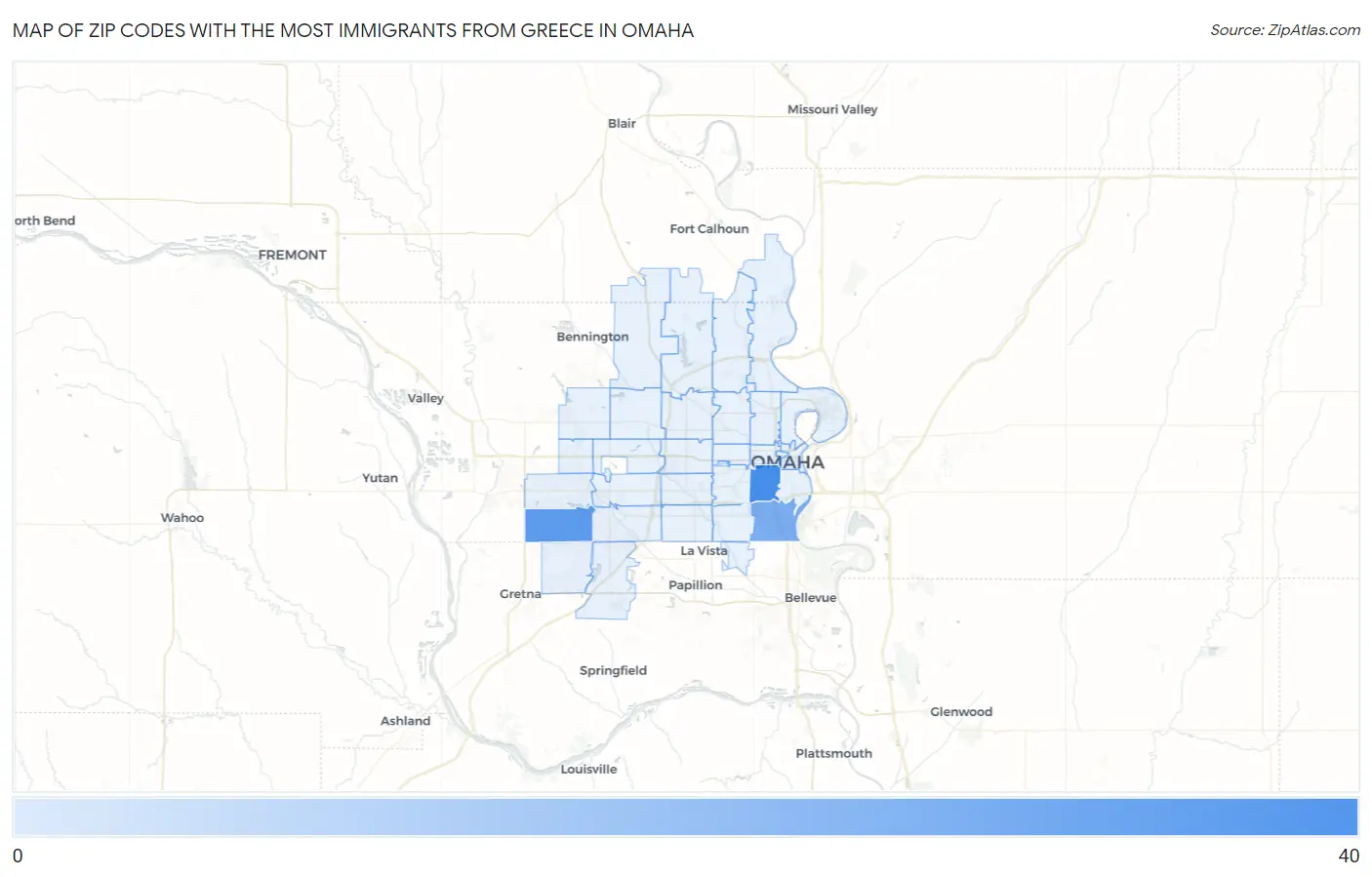 Zip Codes with the Most Immigrants from Greece in Omaha Map