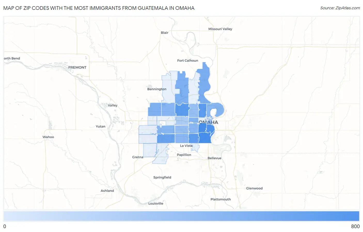 Zip Codes with the Most Immigrants from Guatemala in Omaha Map