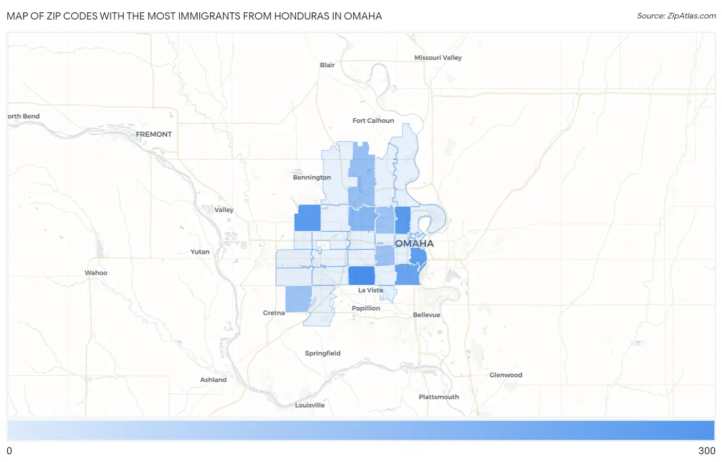 Zip Codes with the Most Immigrants from Honduras in Omaha Map