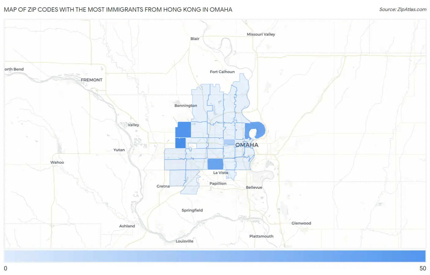 Zip Codes with the Most Immigrants from Hong Kong in Omaha Map