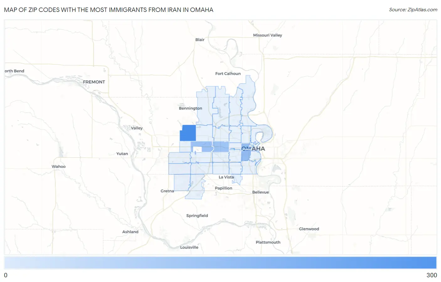 Zip Codes with the Most Immigrants from Iran in Omaha Map
