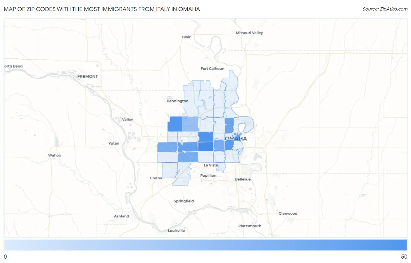 Zip Codes with the Most Immigrants from Italy in Omaha Map