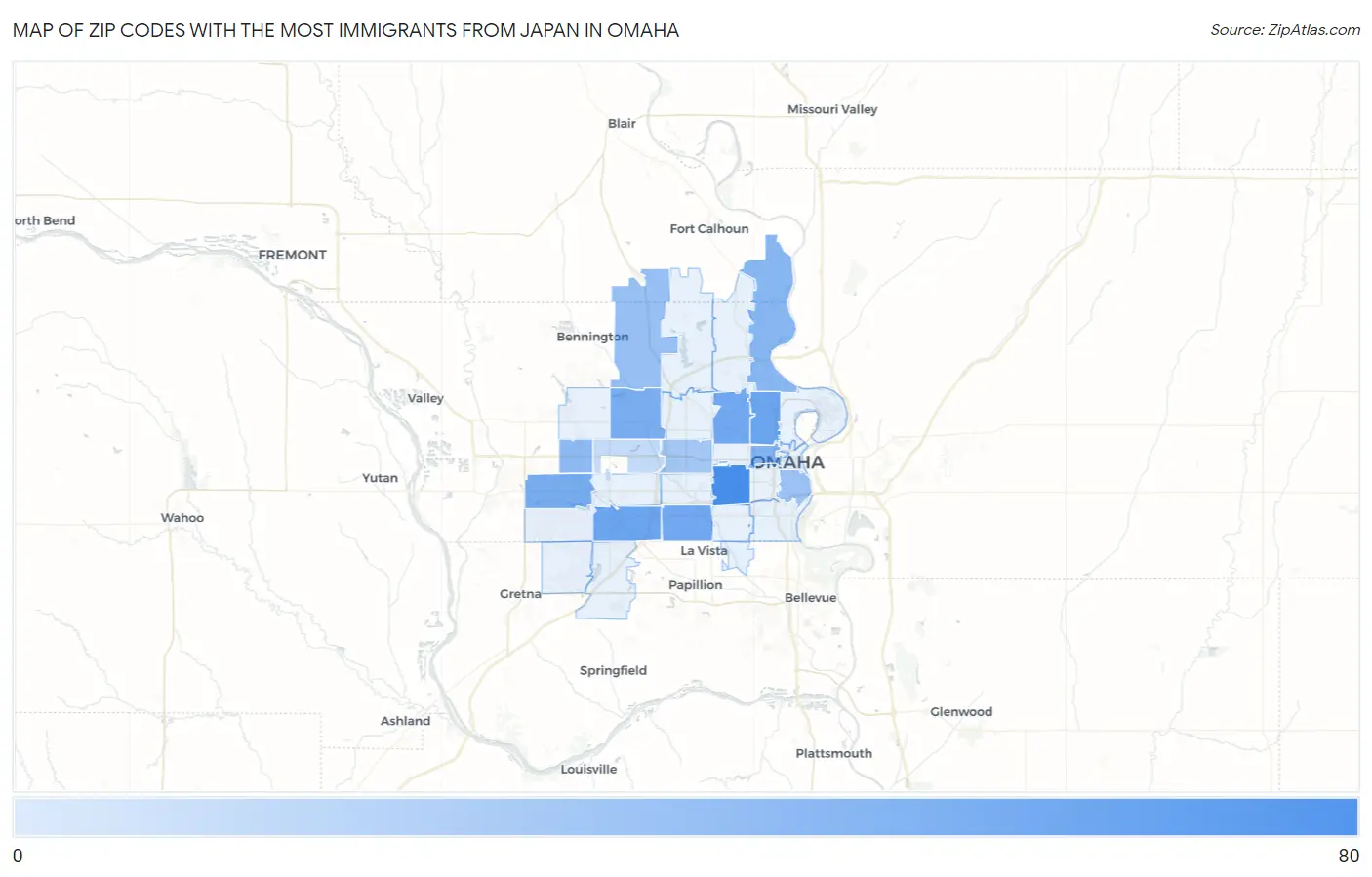 Zip Codes with the Most Immigrants from Japan in Omaha Map