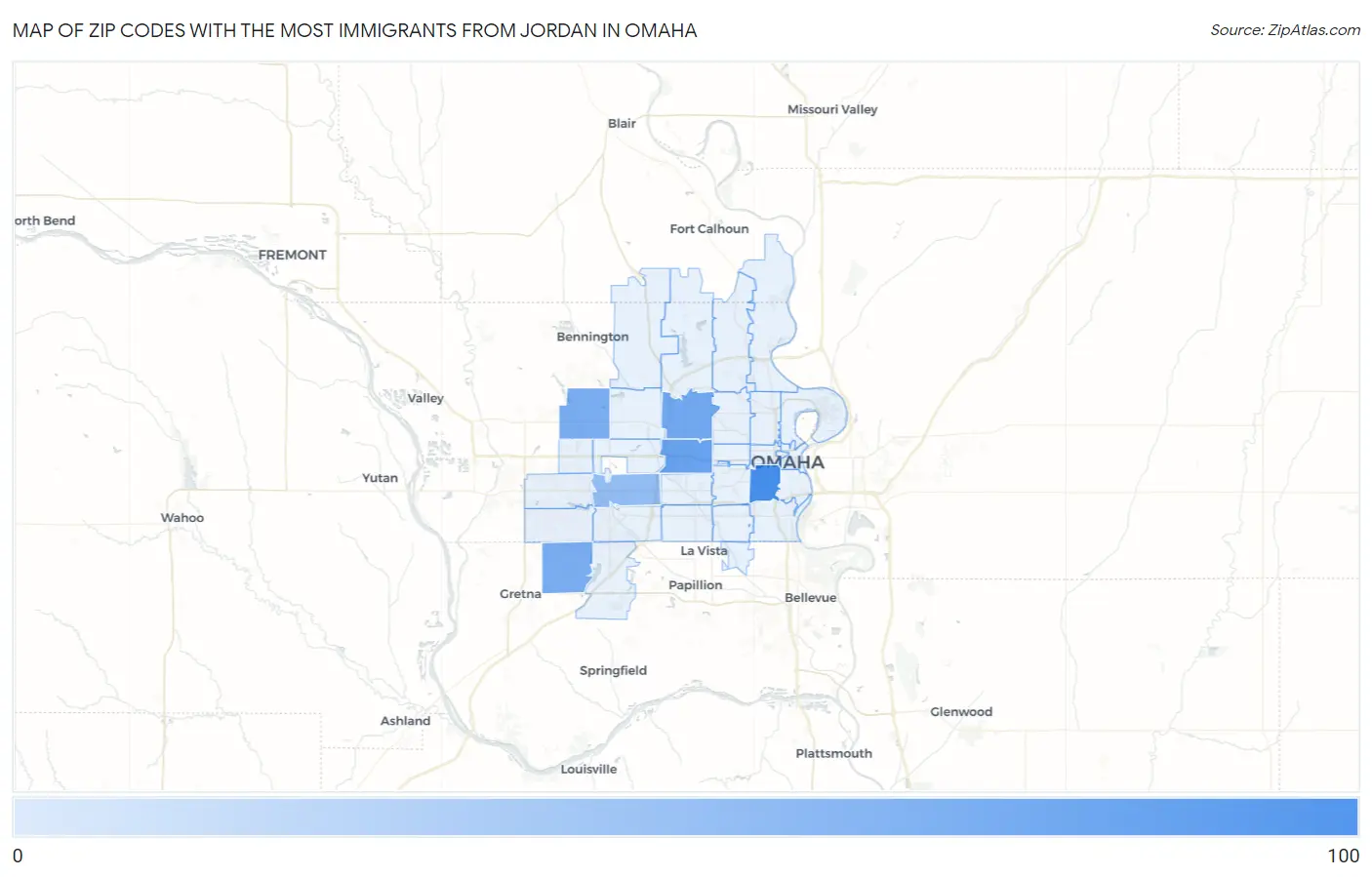 Zip Codes with the Most Immigrants from Jordan in Omaha Map