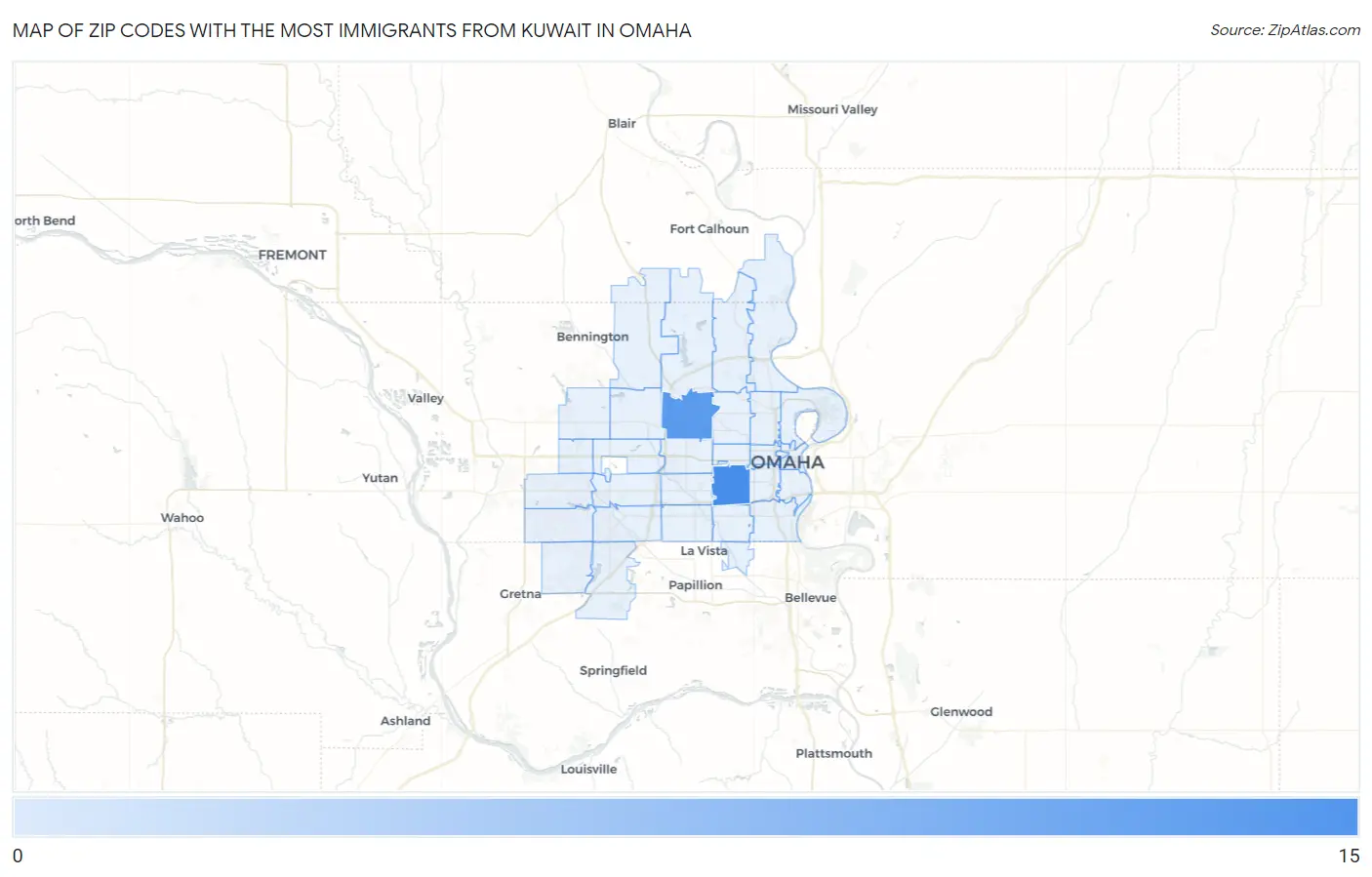 Zip Codes with the Most Immigrants from Kuwait in Omaha Map