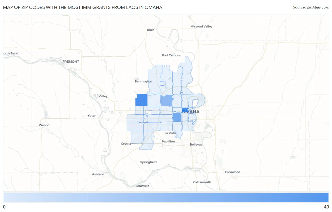 Zip Codes with the Most Immigrants from Laos in Omaha Map