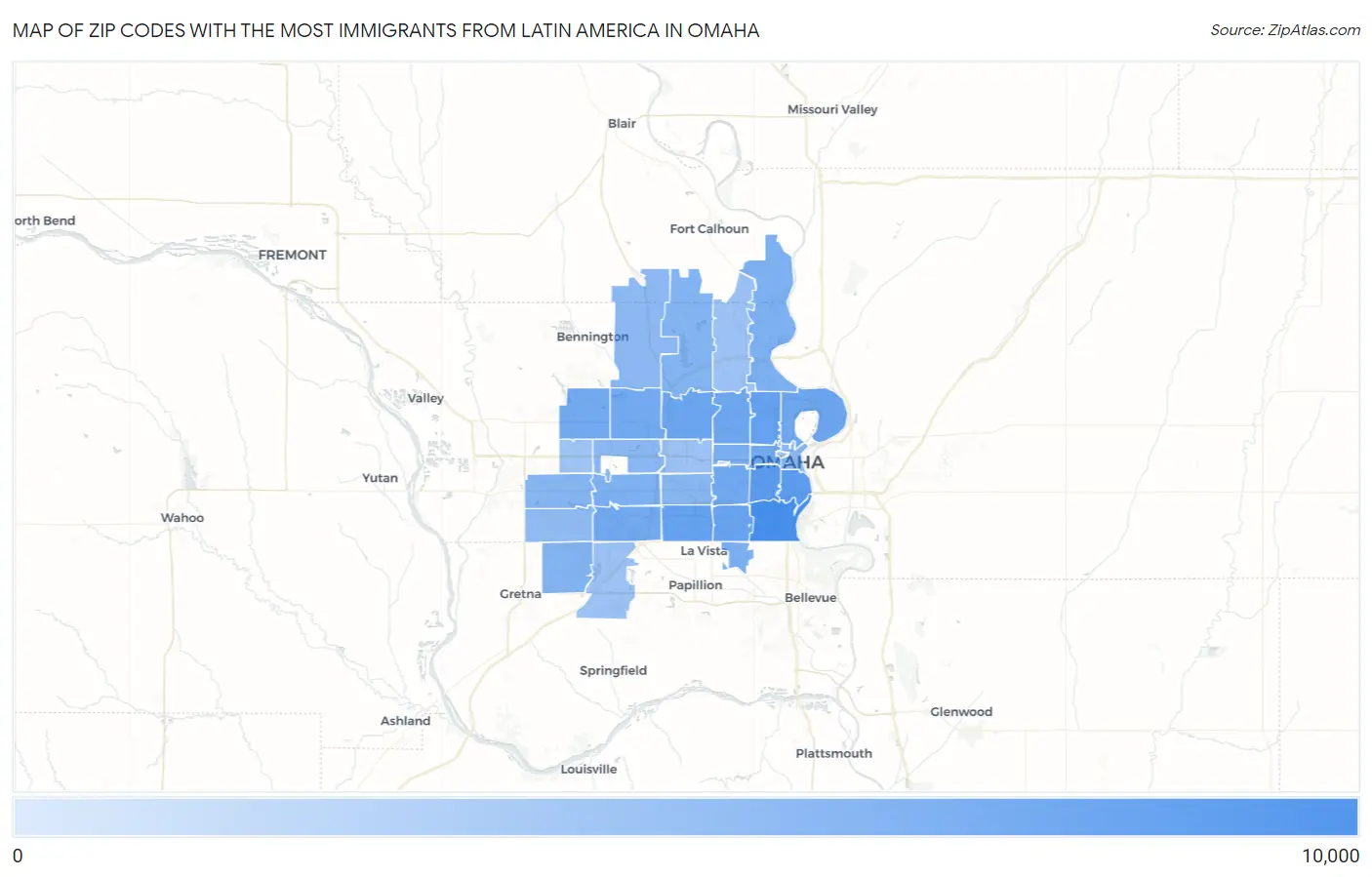 Zip Codes with the Most Immigrants from Latin America in Omaha Map