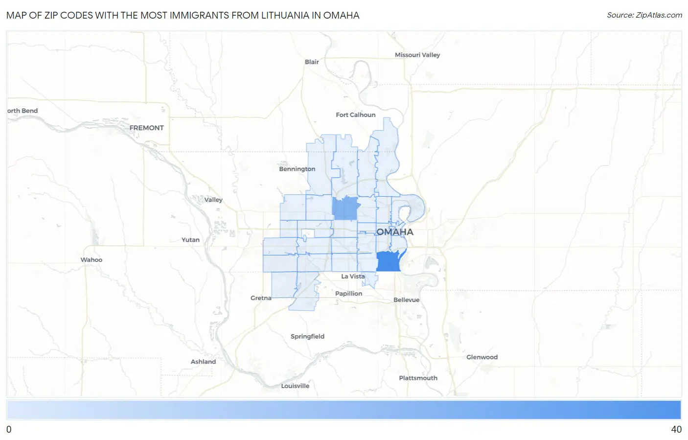 Zip Codes with the Most Immigrants from Lithuania in Omaha Map