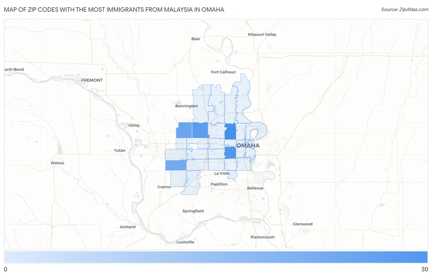 Zip Codes with the Most Immigrants from Malaysia in Omaha Map