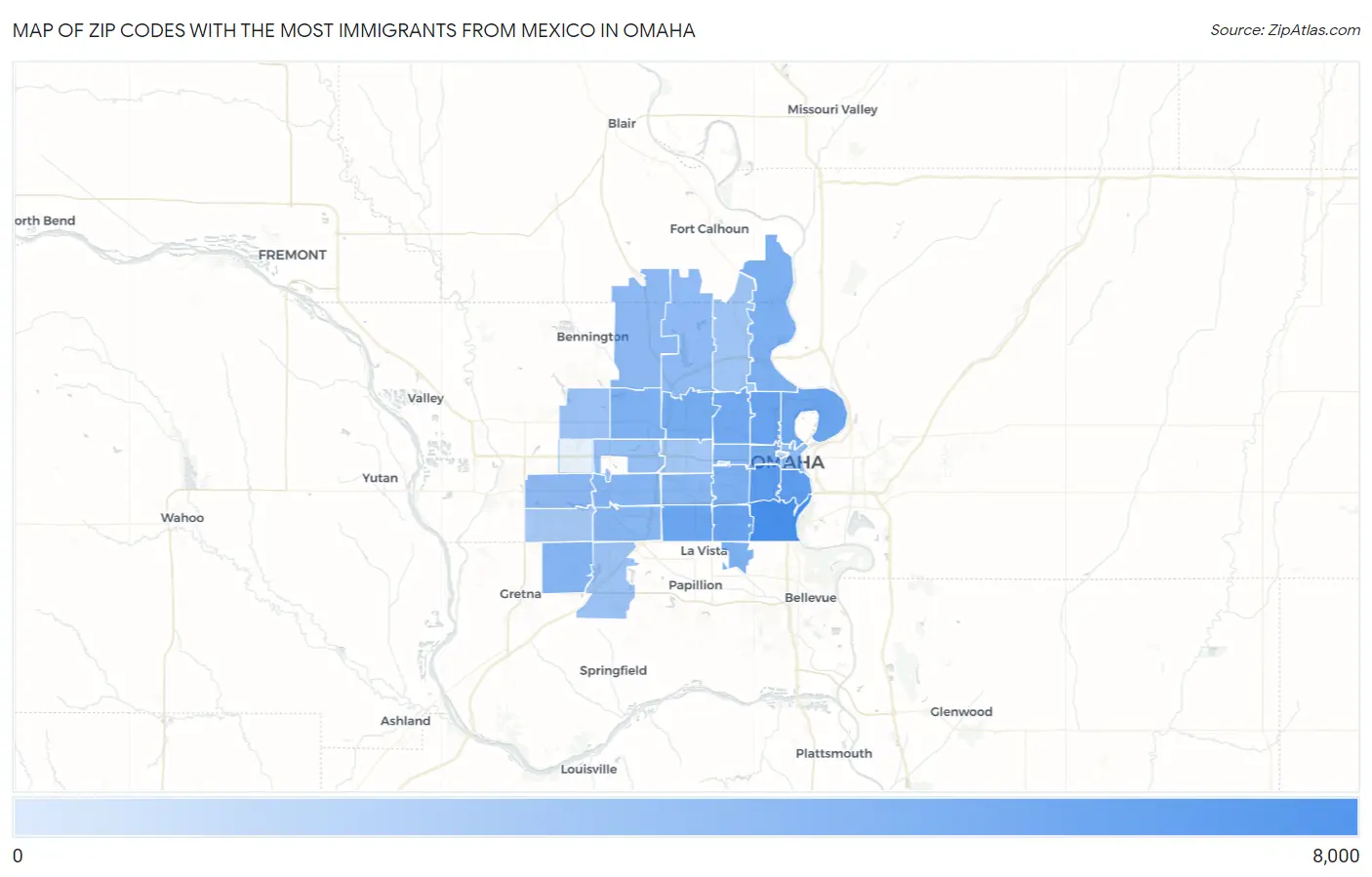 Zip Codes with the Most Immigrants from Mexico in Omaha Map