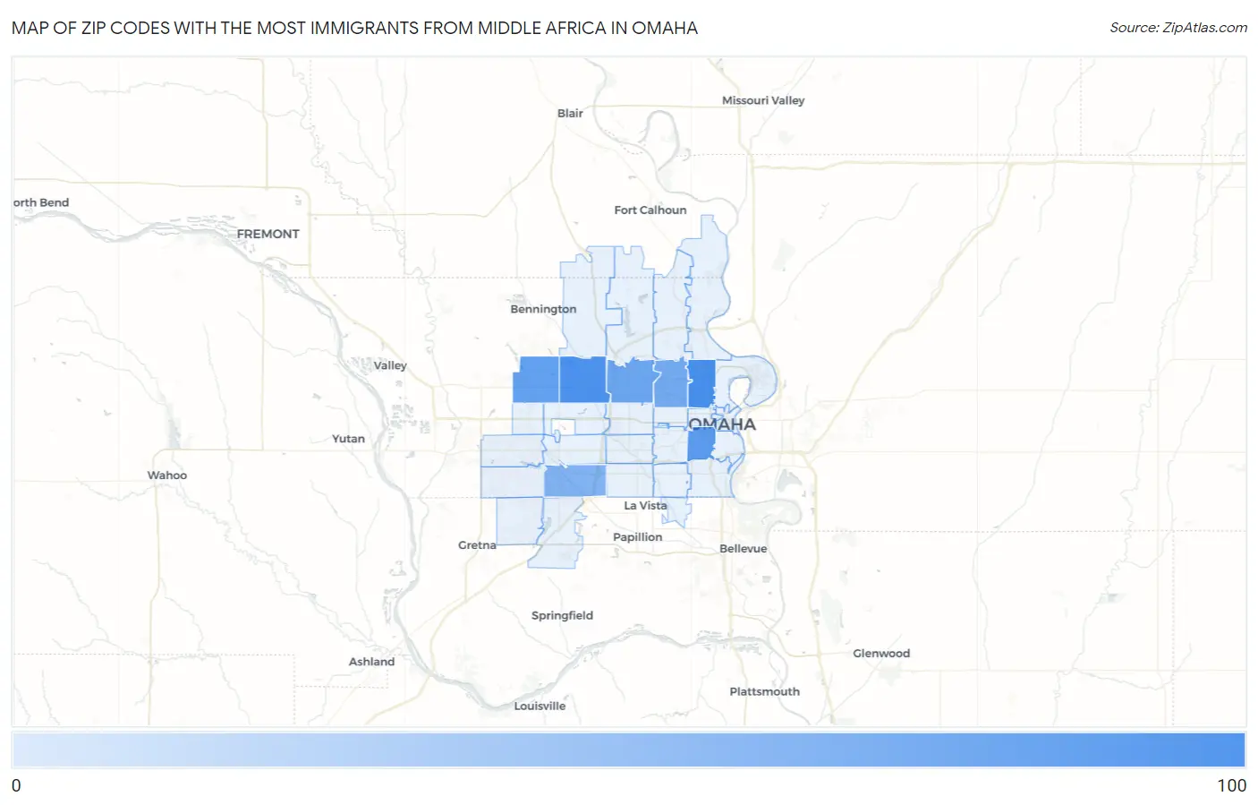 Zip Codes with the Most Immigrants from Middle Africa in Omaha Map
