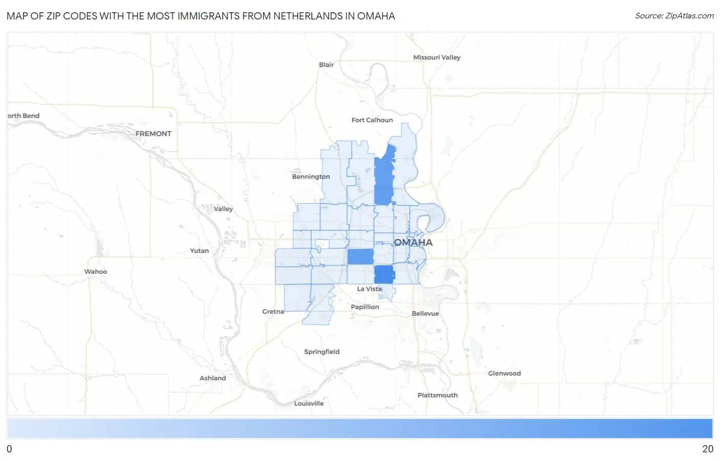 Zip Codes with the Most Immigrants from Netherlands in Omaha Map