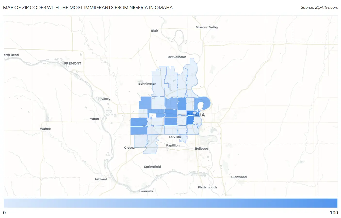 Zip Codes with the Most Immigrants from Nigeria in Omaha Map