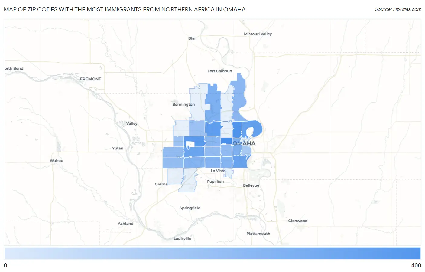 Zip Codes with the Most Immigrants from Northern Africa in Omaha Map