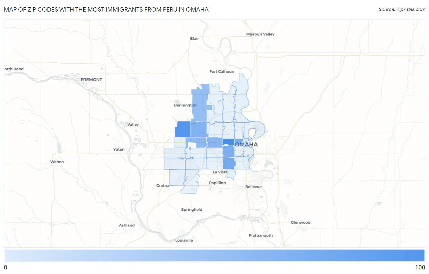 Zip Codes with the Most Immigrants from Peru in Omaha Map