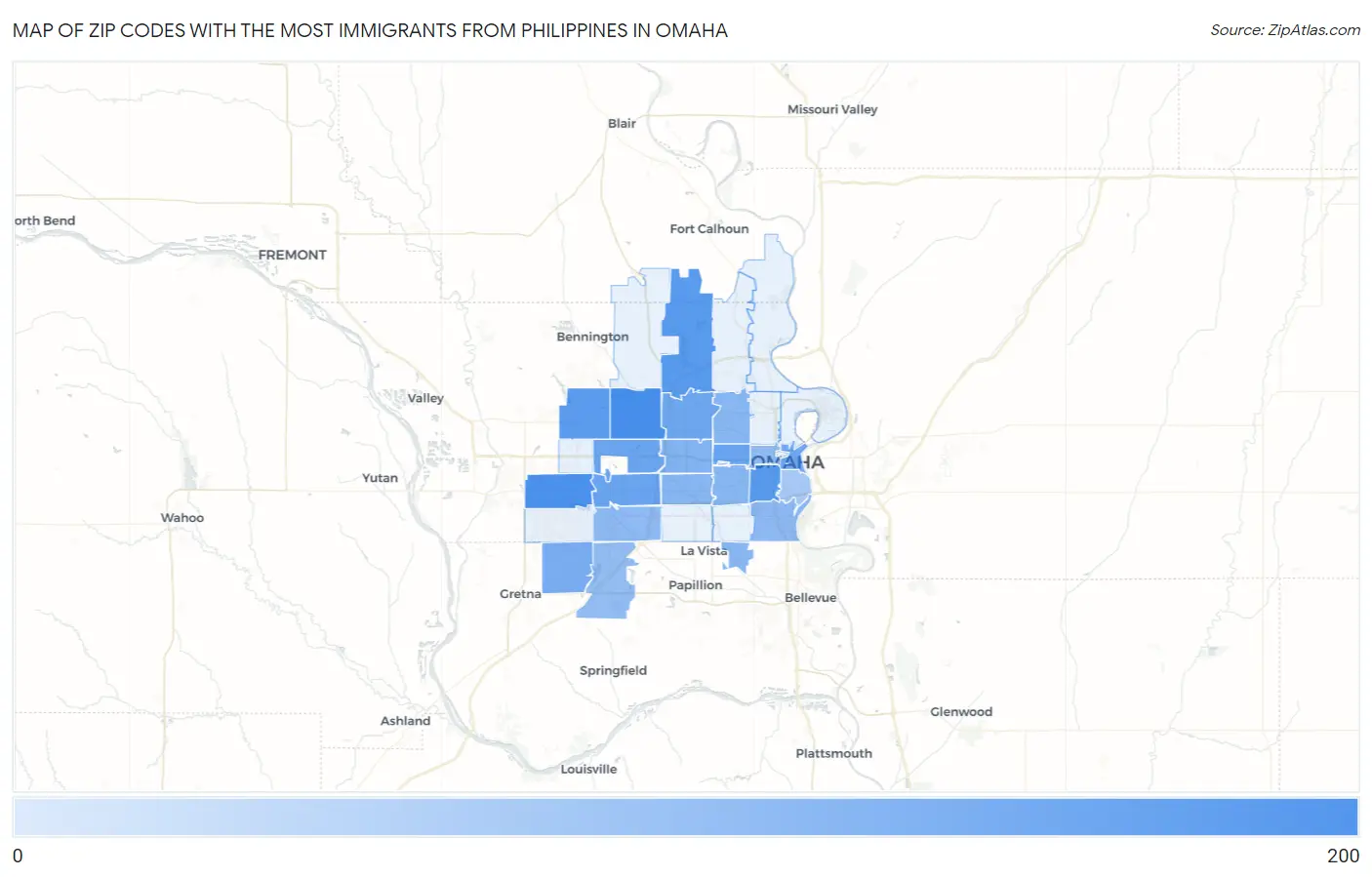 Zip Codes with the Most Immigrants from Philippines in Omaha Map