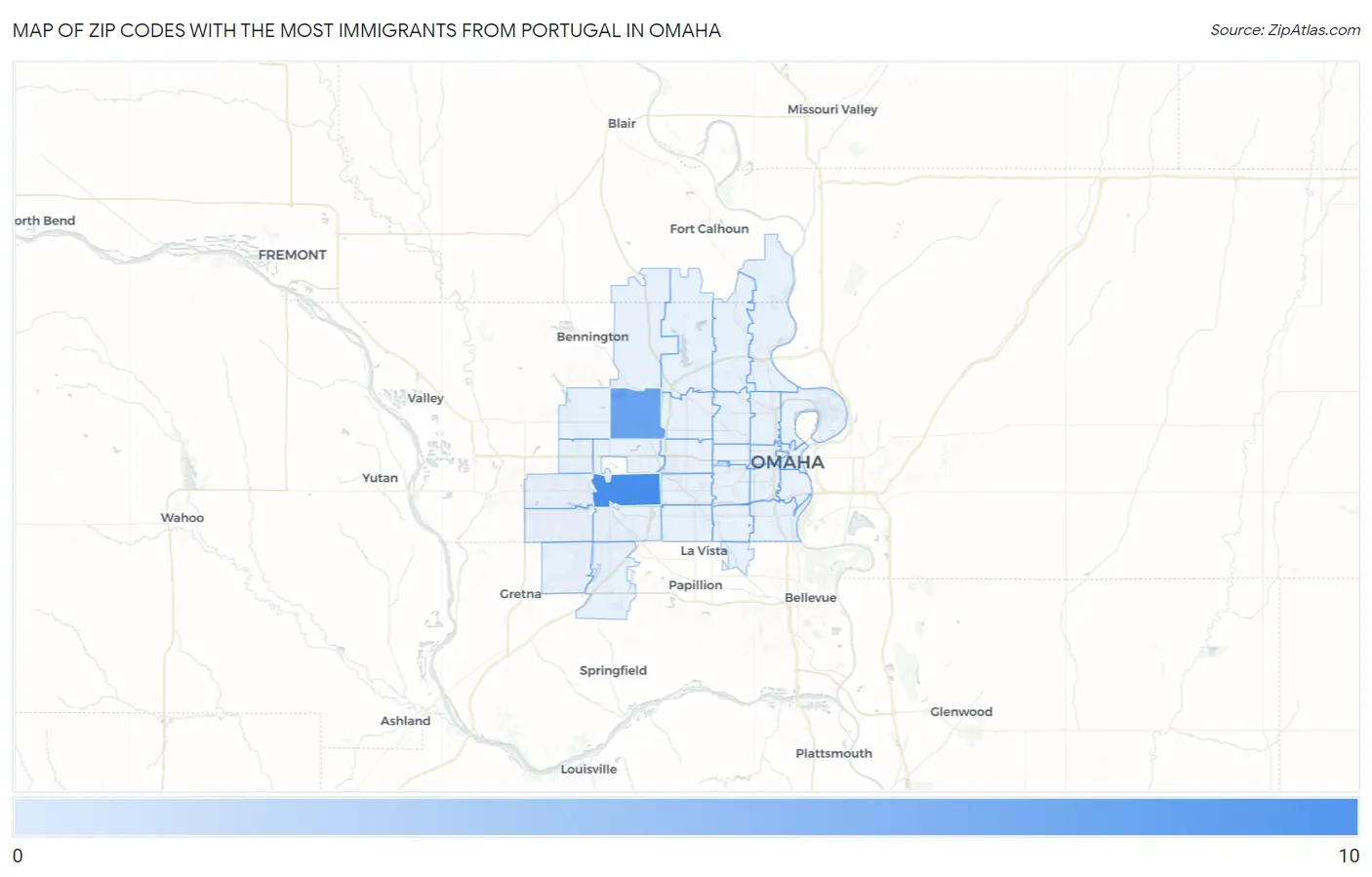 Zip Codes with the Most Immigrants from Portugal in Omaha Map