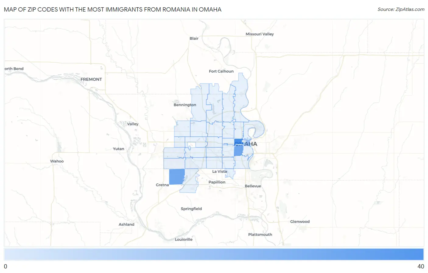 Zip Codes with the Most Immigrants from Romania in Omaha Map