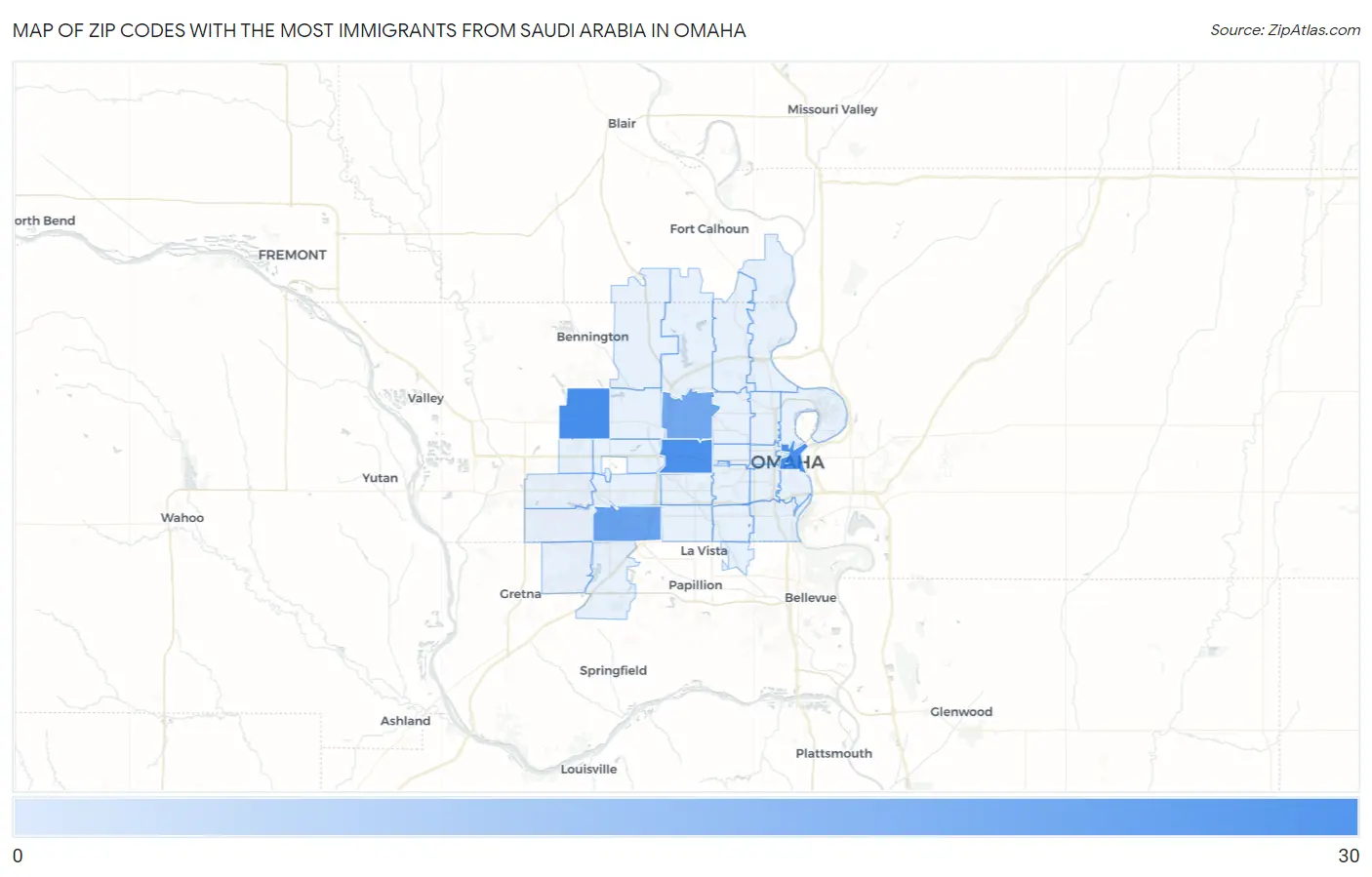 Zip Codes with the Most Immigrants from Saudi Arabia in Omaha Map