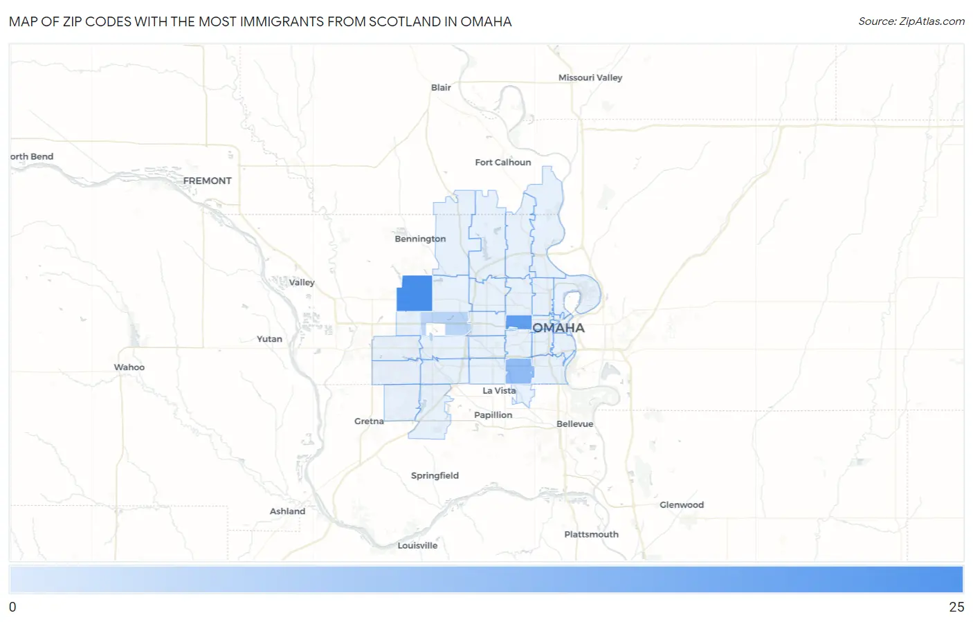 Zip Codes with the Most Immigrants from Scotland in Omaha Map