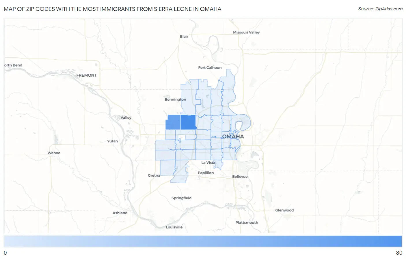 Zip Codes with the Most Immigrants from Sierra Leone in Omaha Map