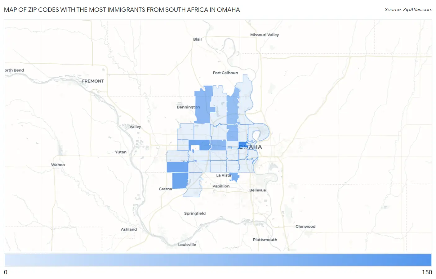 Zip Codes with the Most Immigrants from South Africa in Omaha Map