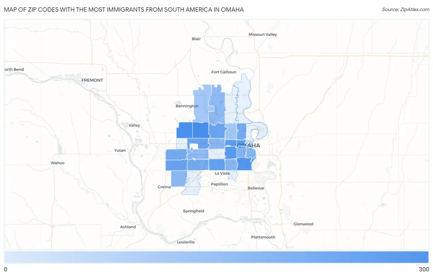 Zip Codes with the Most Immigrants from South America in Omaha Map