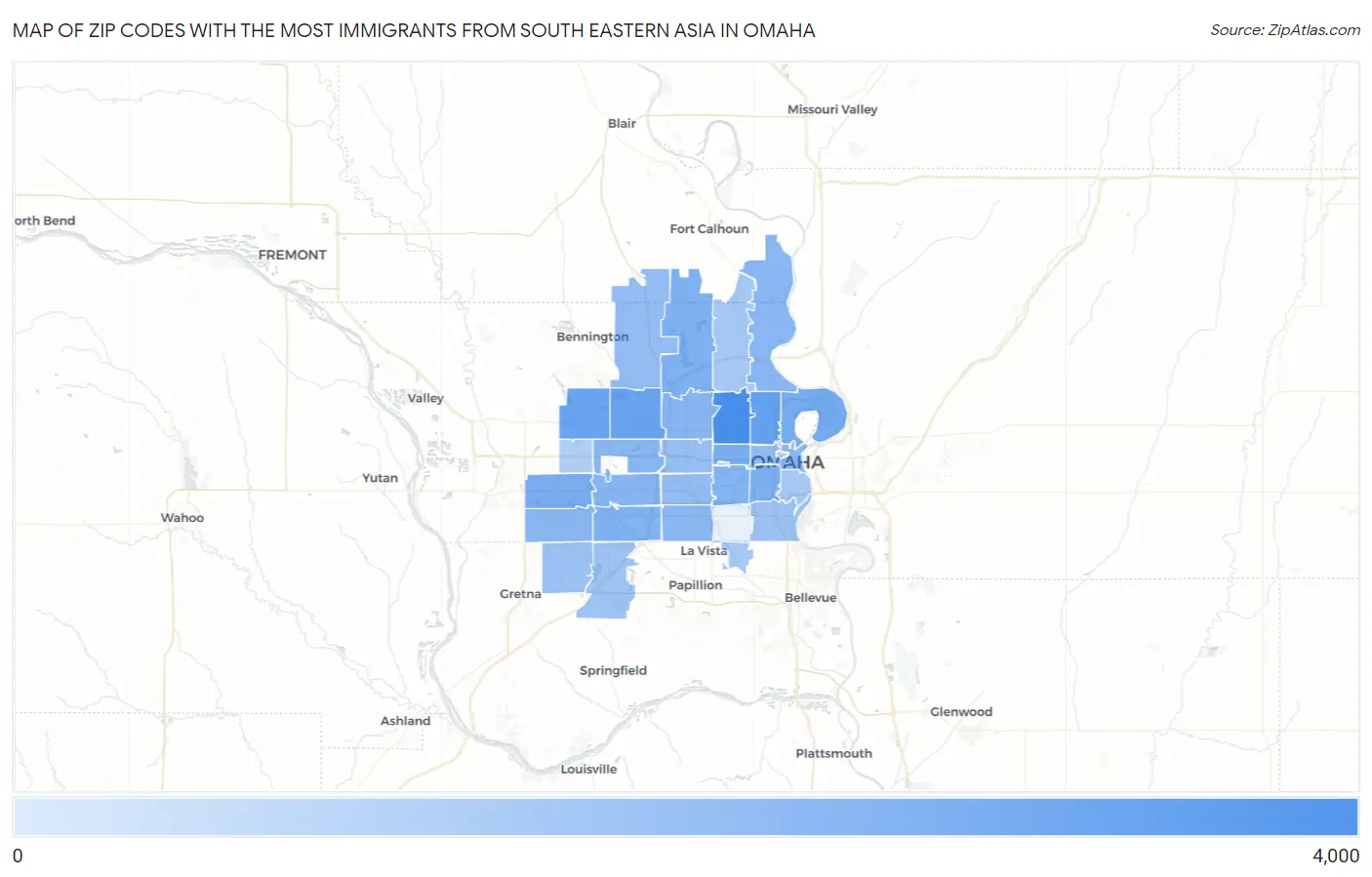 Zip Codes with the Most Immigrants from South Eastern Asia in Omaha Map