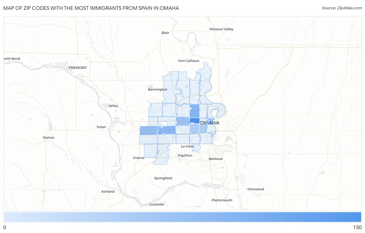 Zip Codes with the Most Immigrants from Spain in Omaha Map