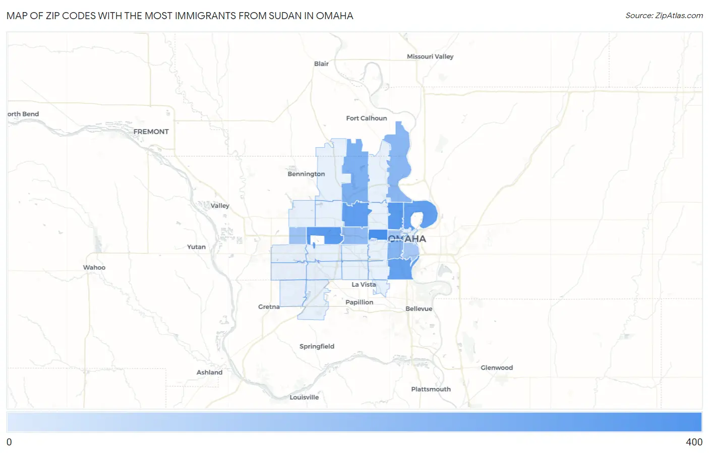 Zip Codes with the Most Immigrants from Sudan in Omaha Map
