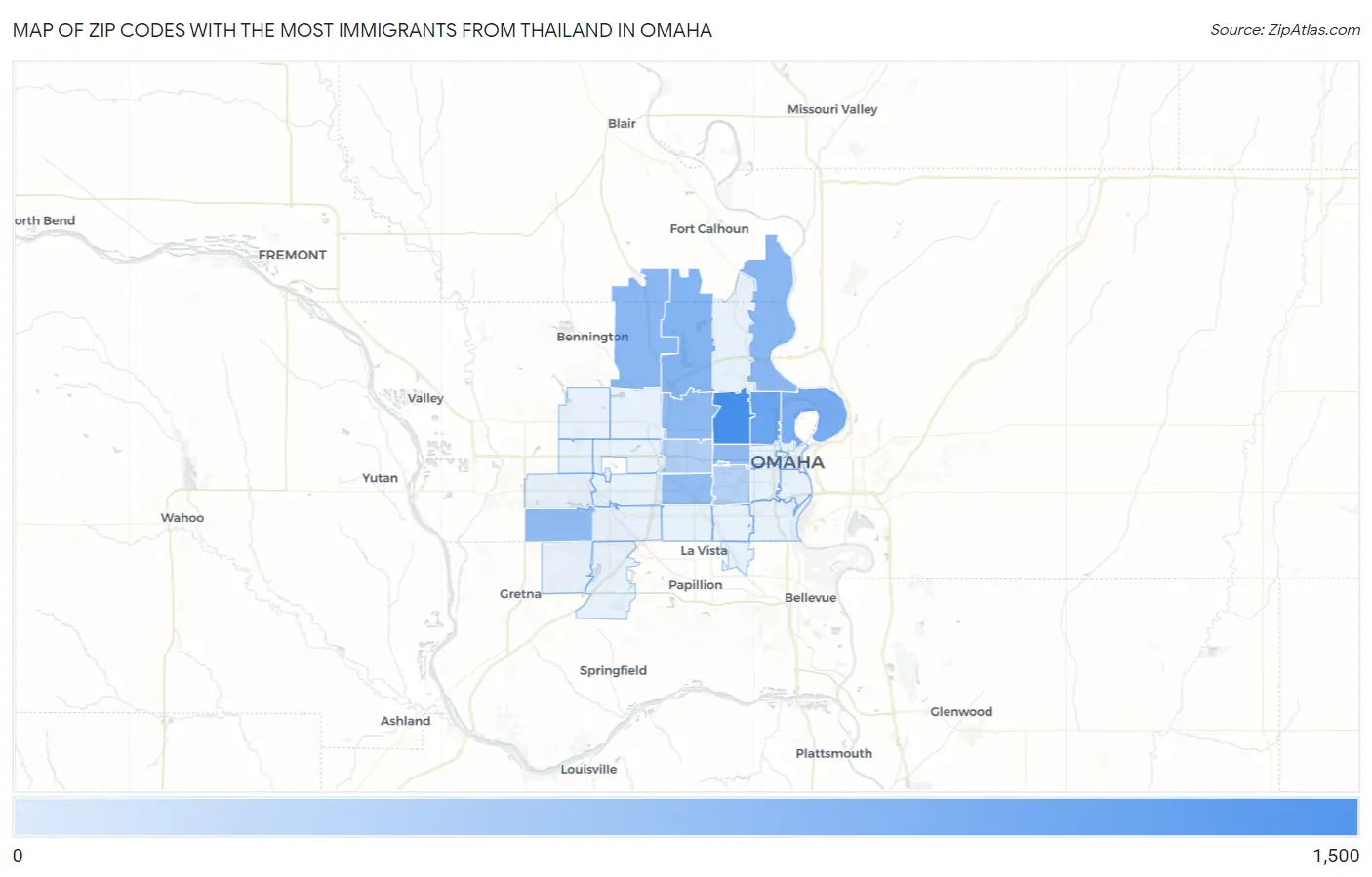 Zip Codes with the Most Immigrants from Thailand in Omaha Map