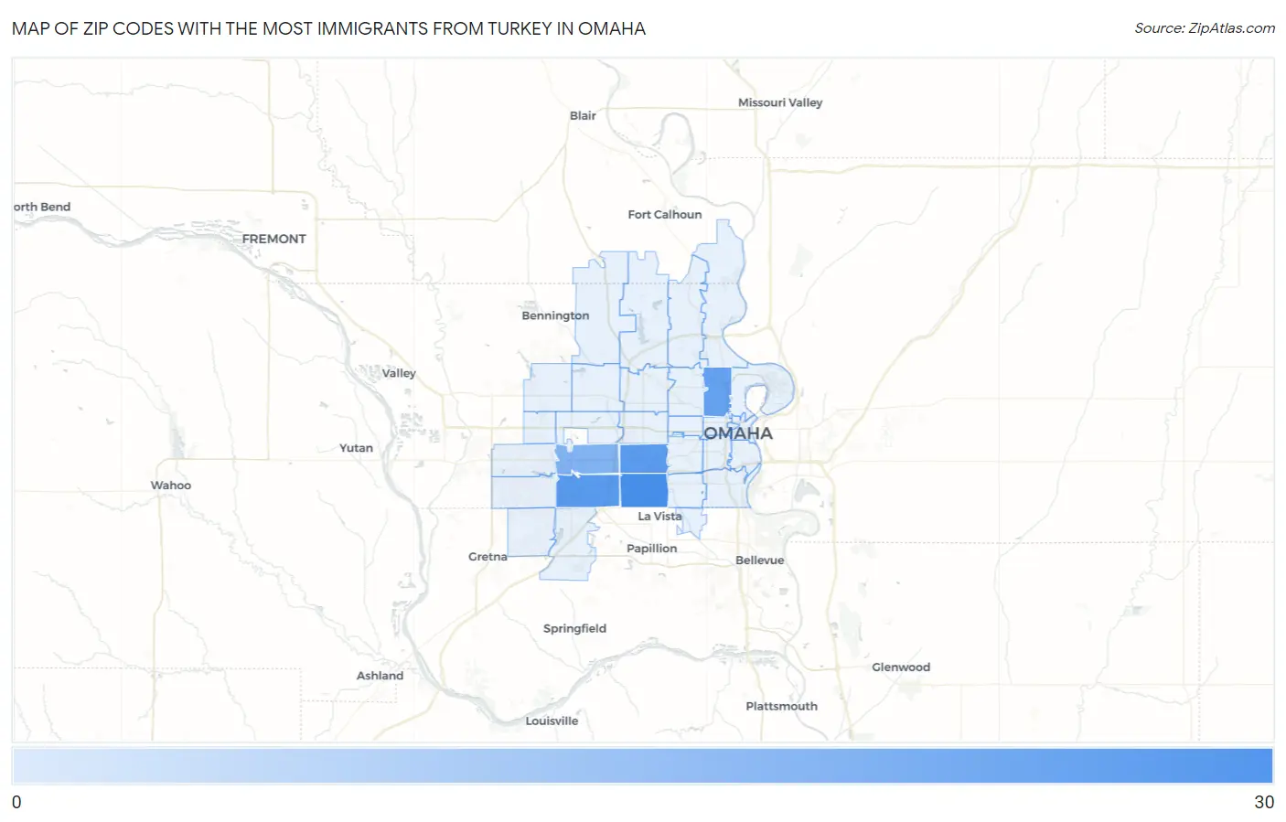 Zip Codes with the Most Immigrants from Turkey in Omaha Map
