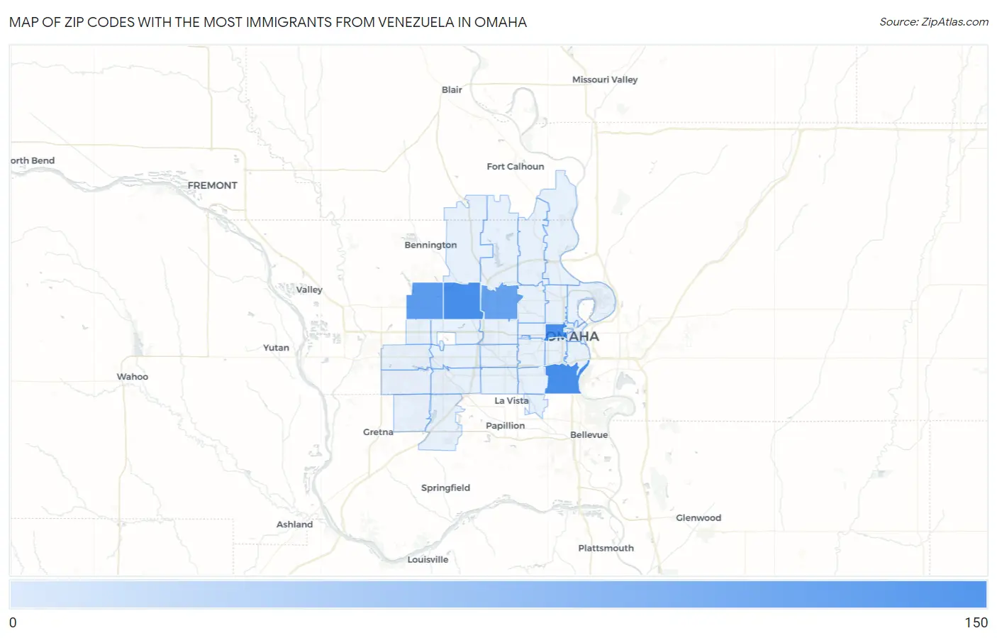 Zip Codes with the Most Immigrants from Venezuela in Omaha Map