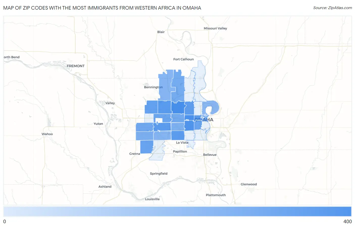 Zip Codes with the Most Immigrants from Western Africa in Omaha Map