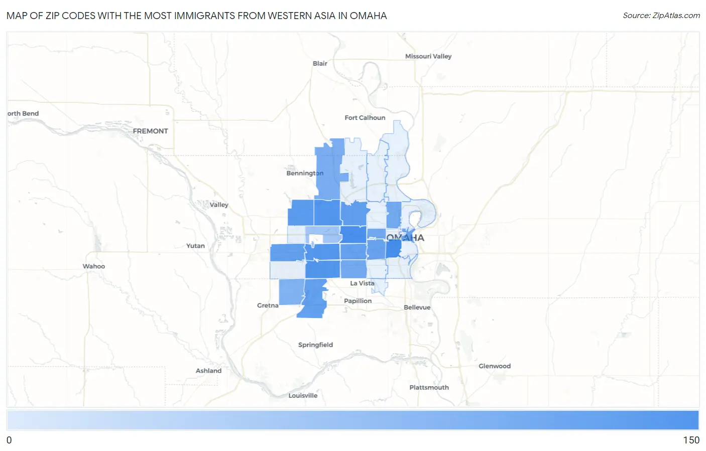 Zip Codes with the Most Immigrants from Western Asia in Omaha Map