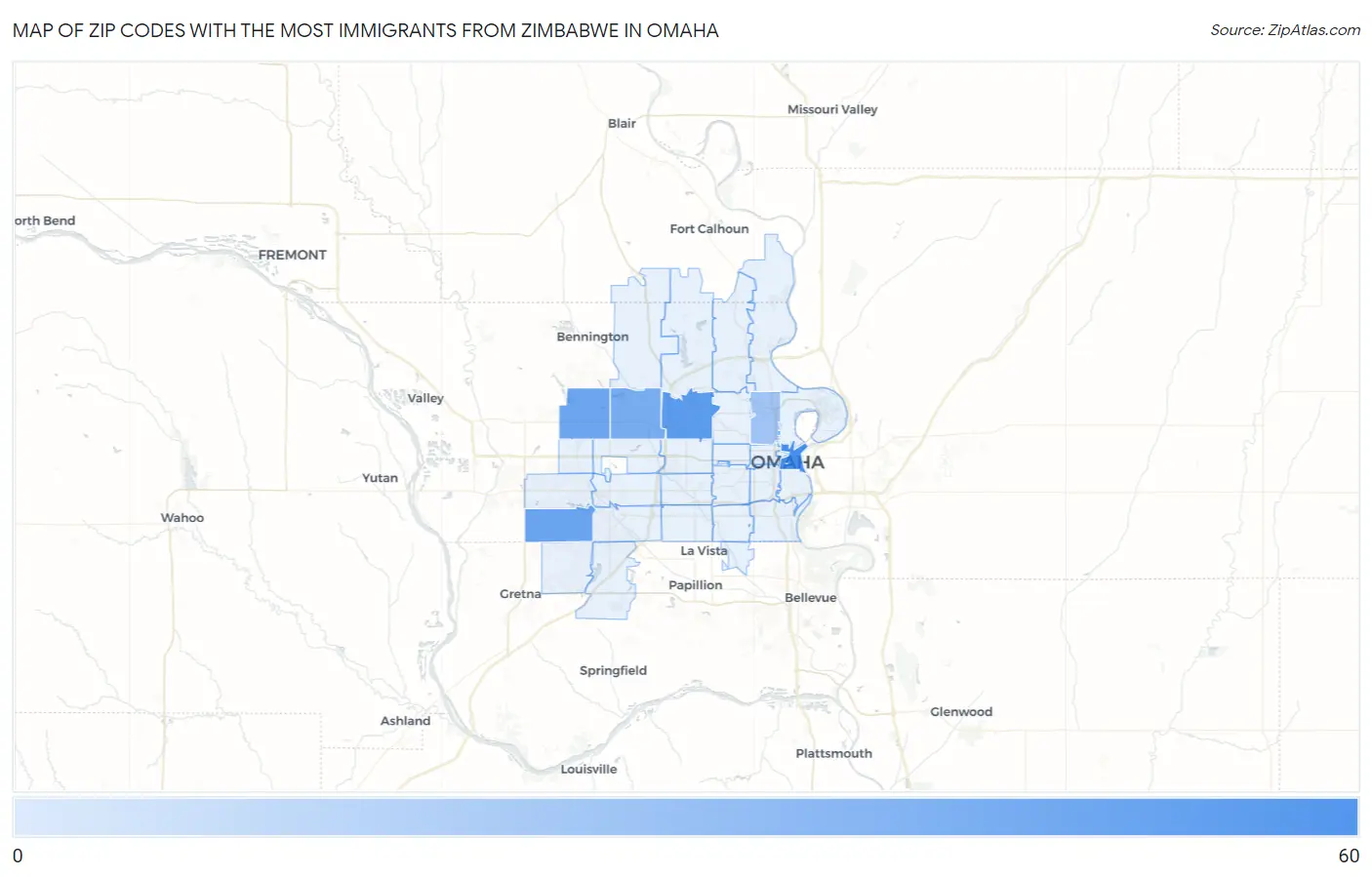 Zip Codes with the Most Immigrants from Zimbabwe in Omaha Map