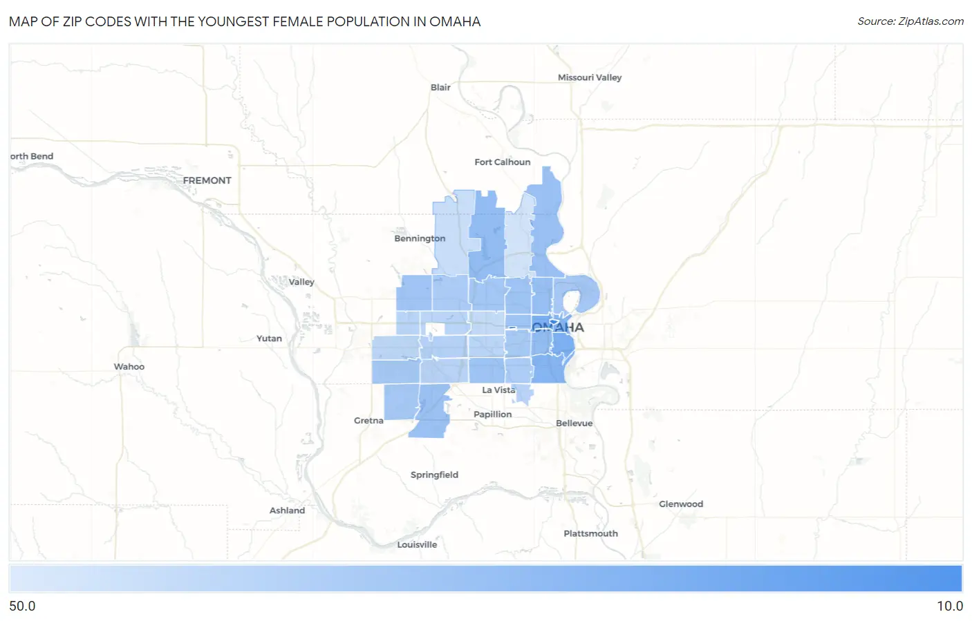 Zip Codes with the Youngest Female Population in Omaha Map