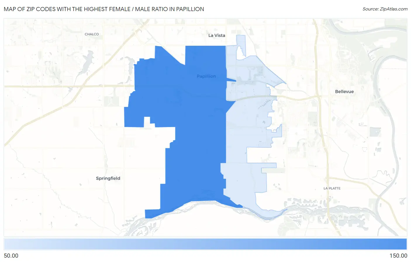 Zip Codes with the Highest Female / Male Ratio in Papillion Map