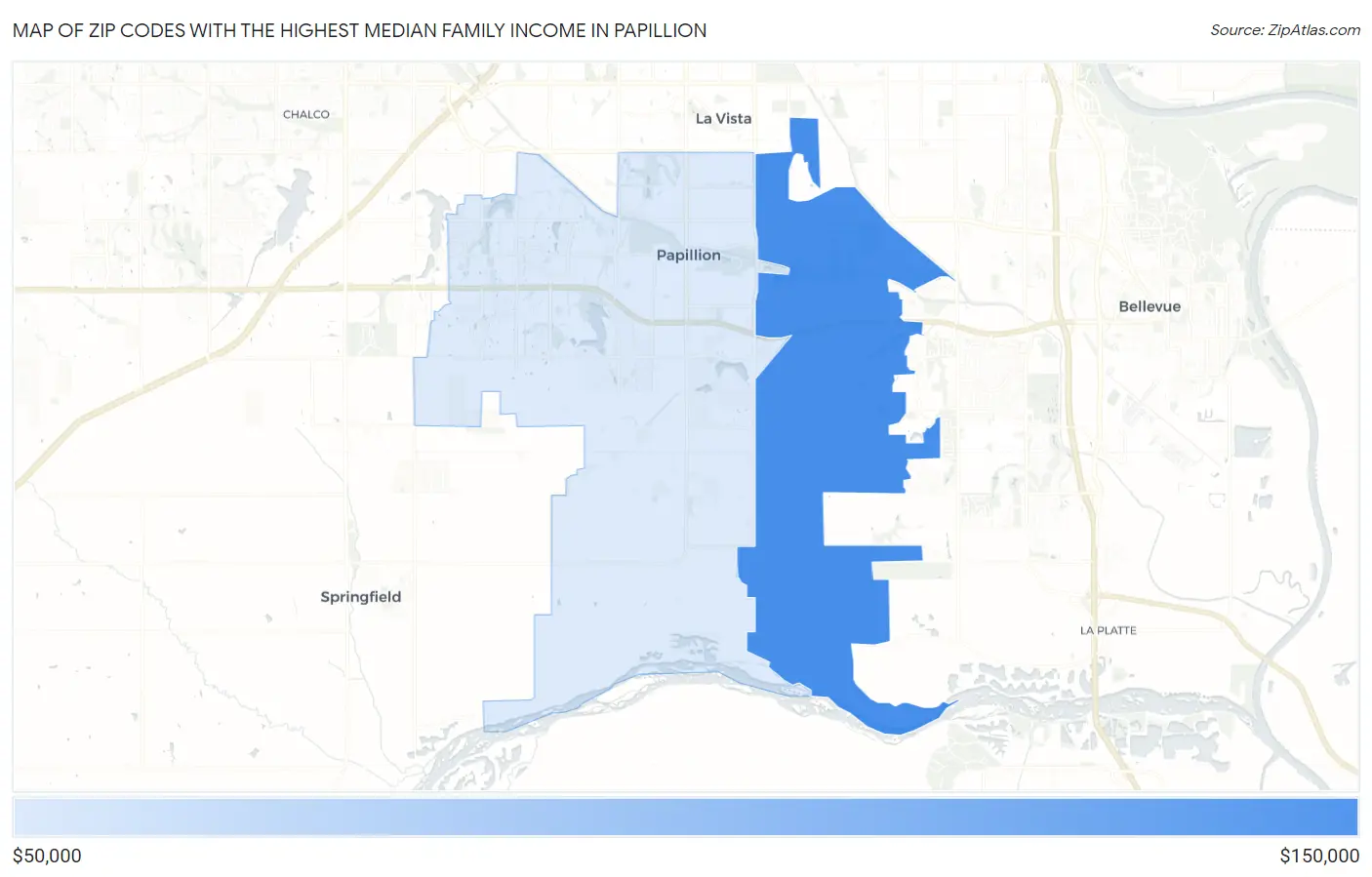 Zip Codes with the Highest Median Family Income in Papillion Map