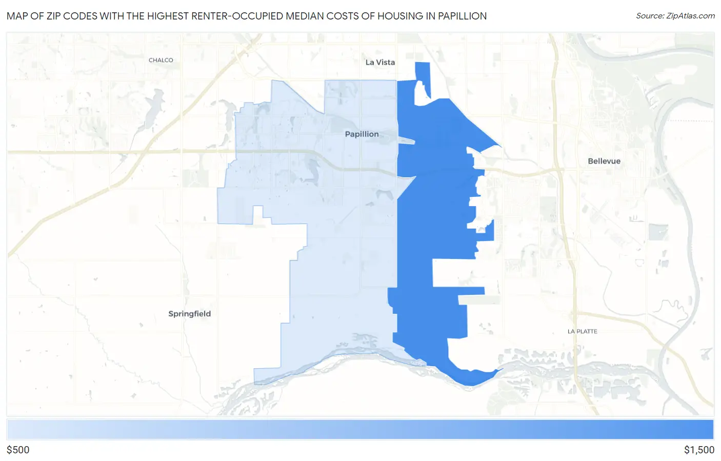 Zip Codes with the Highest Renter-Occupied Median Costs of Housing in Papillion Map