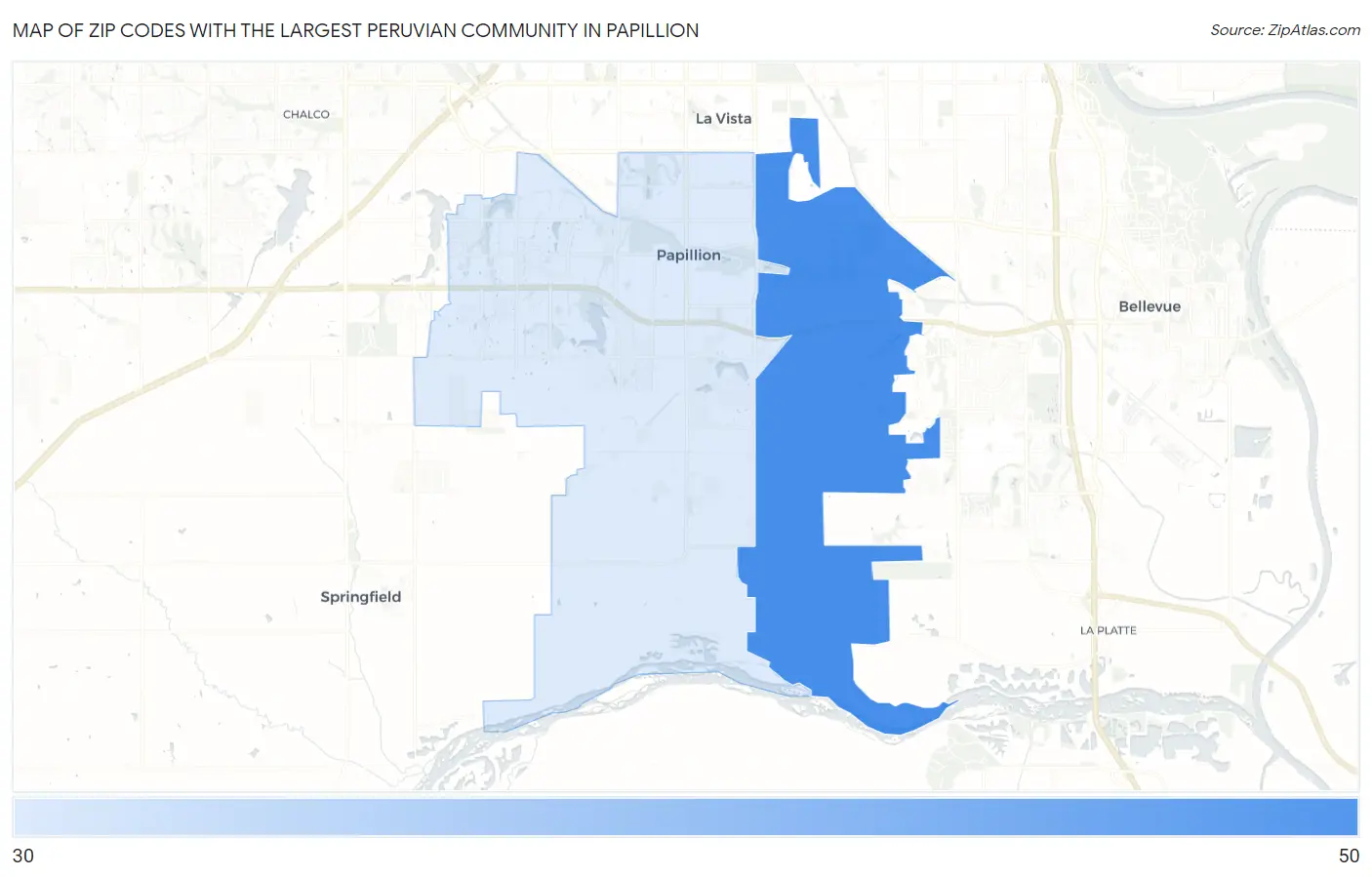 Zip Codes with the Largest Peruvian Community in Papillion Map