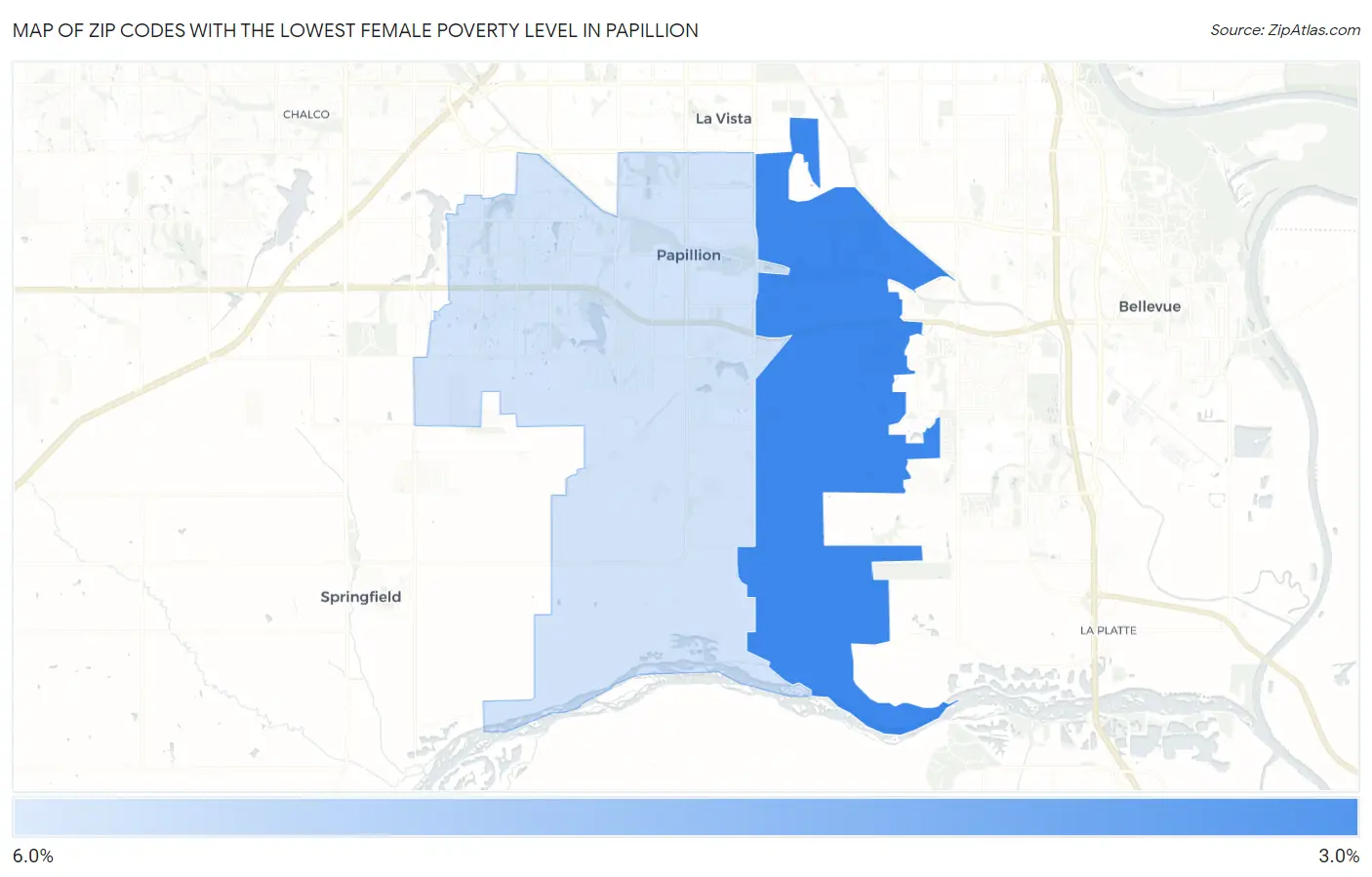 Zip Codes with the Lowest Female Poverty Level in Papillion Map