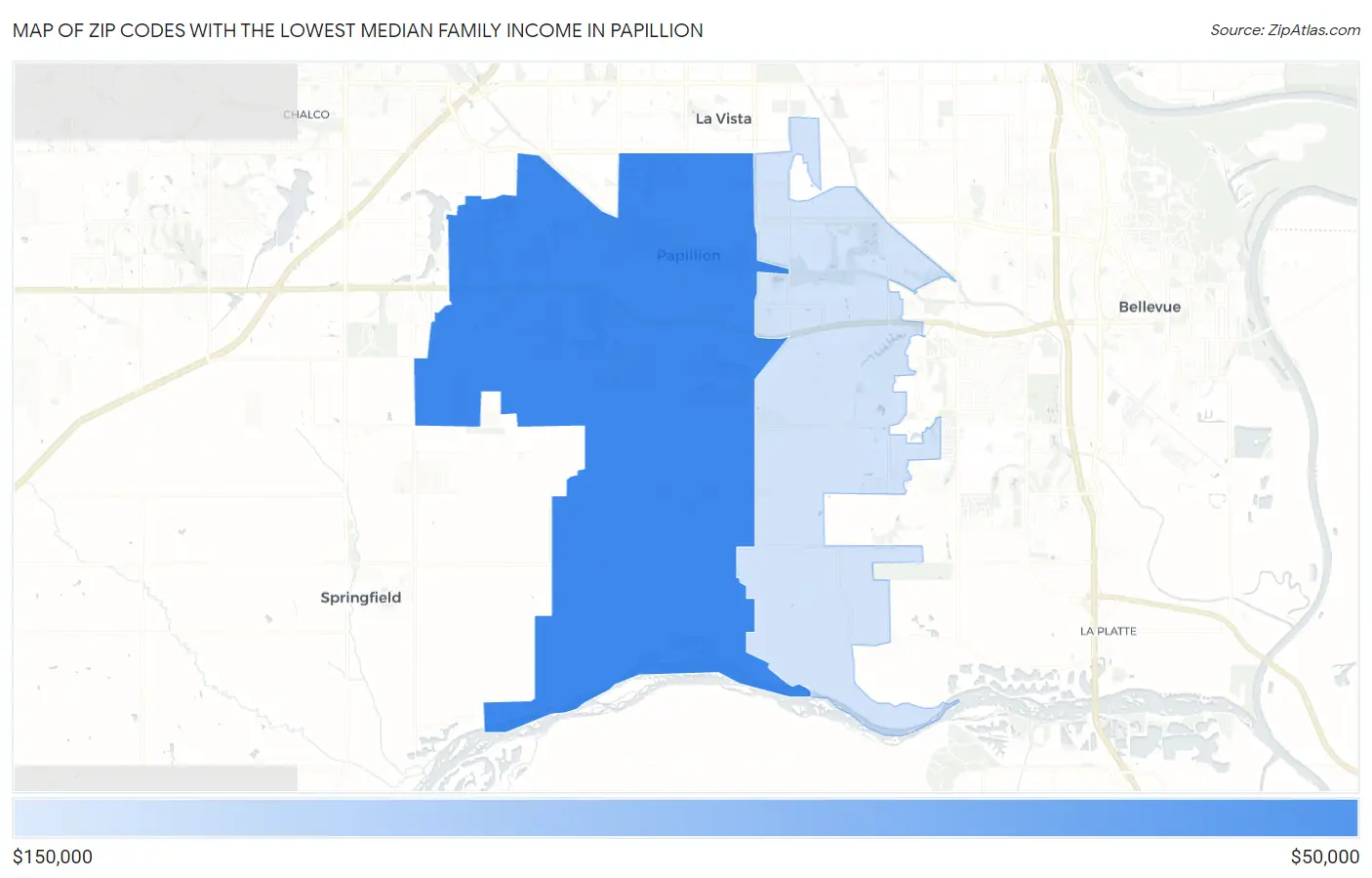 Zip Codes with the Lowest Median Family Income in Papillion Map