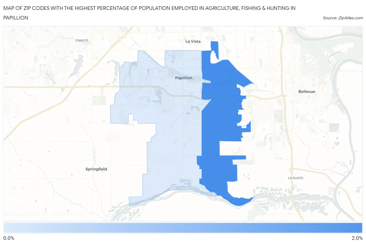 Zip Codes with the Highest Percentage of Population Employed in Agriculture, Fishing & Hunting in Papillion Map