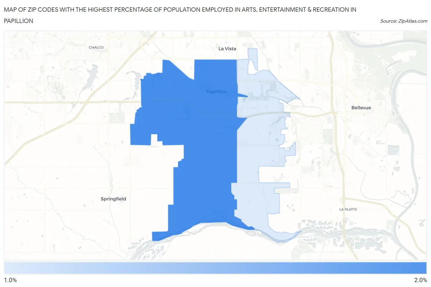Zip Codes with the Highest Percentage of Population Employed in Arts, Entertainment & Recreation in Papillion Map