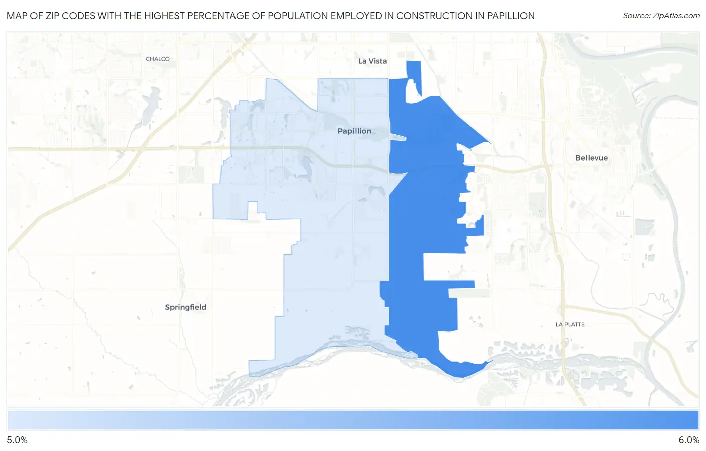 Zip Codes with the Highest Percentage of Population Employed in Construction in Papillion Map