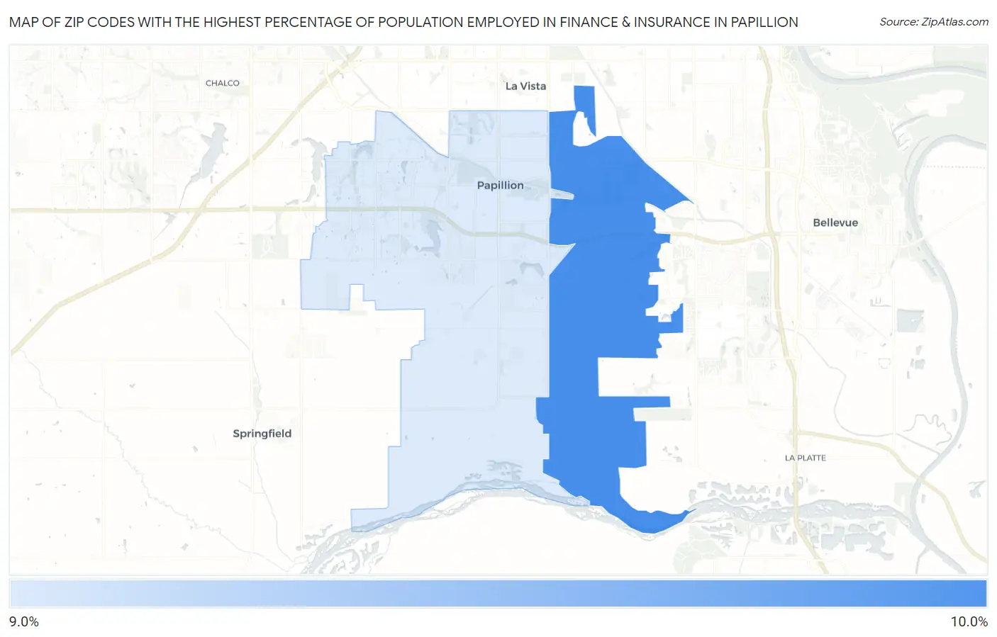 Zip Codes with the Highest Percentage of Population Employed in Finance & Insurance in Papillion Map